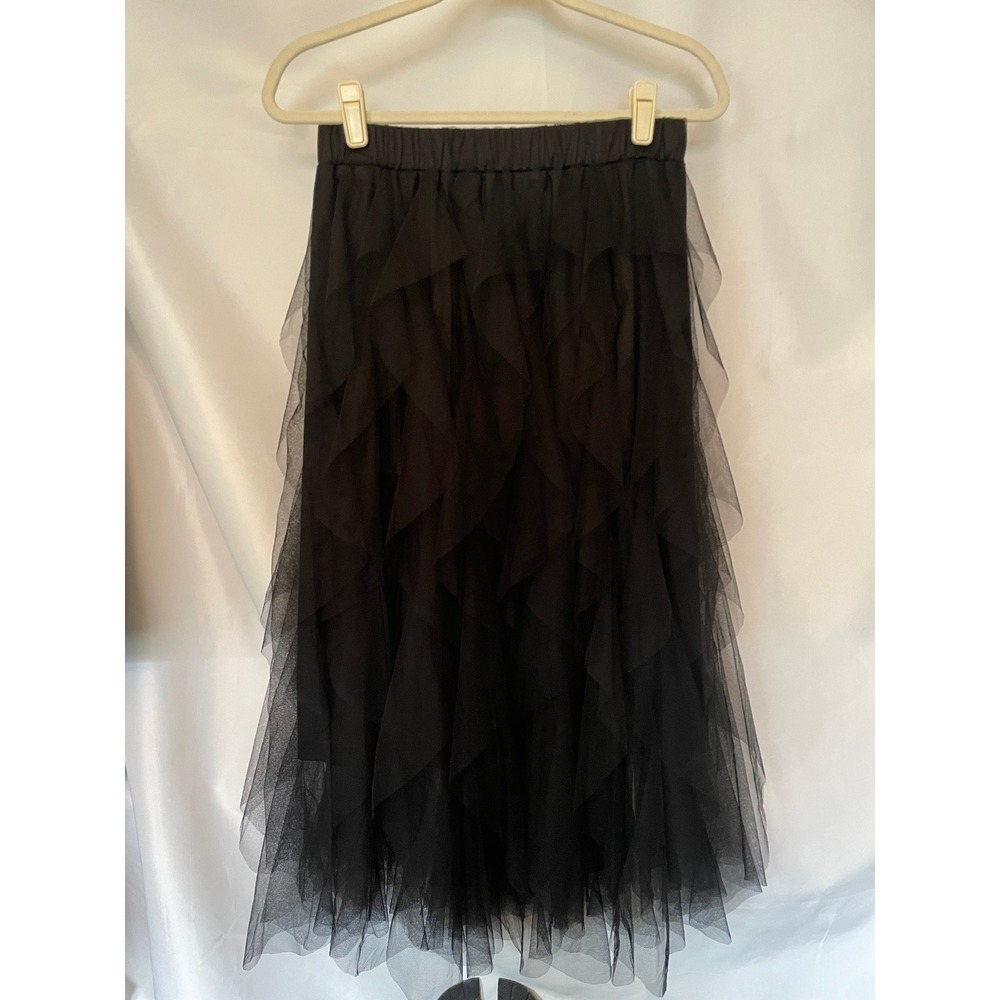 Black Tiered Tulle Midi Skirt Elastic Waist Ruffle Mesh Handkerchief Hem Ballet